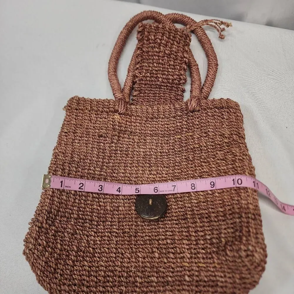 Handmade Woven Straw Tote Bag Brown Boho Beach Purse with Coconut Button Closure